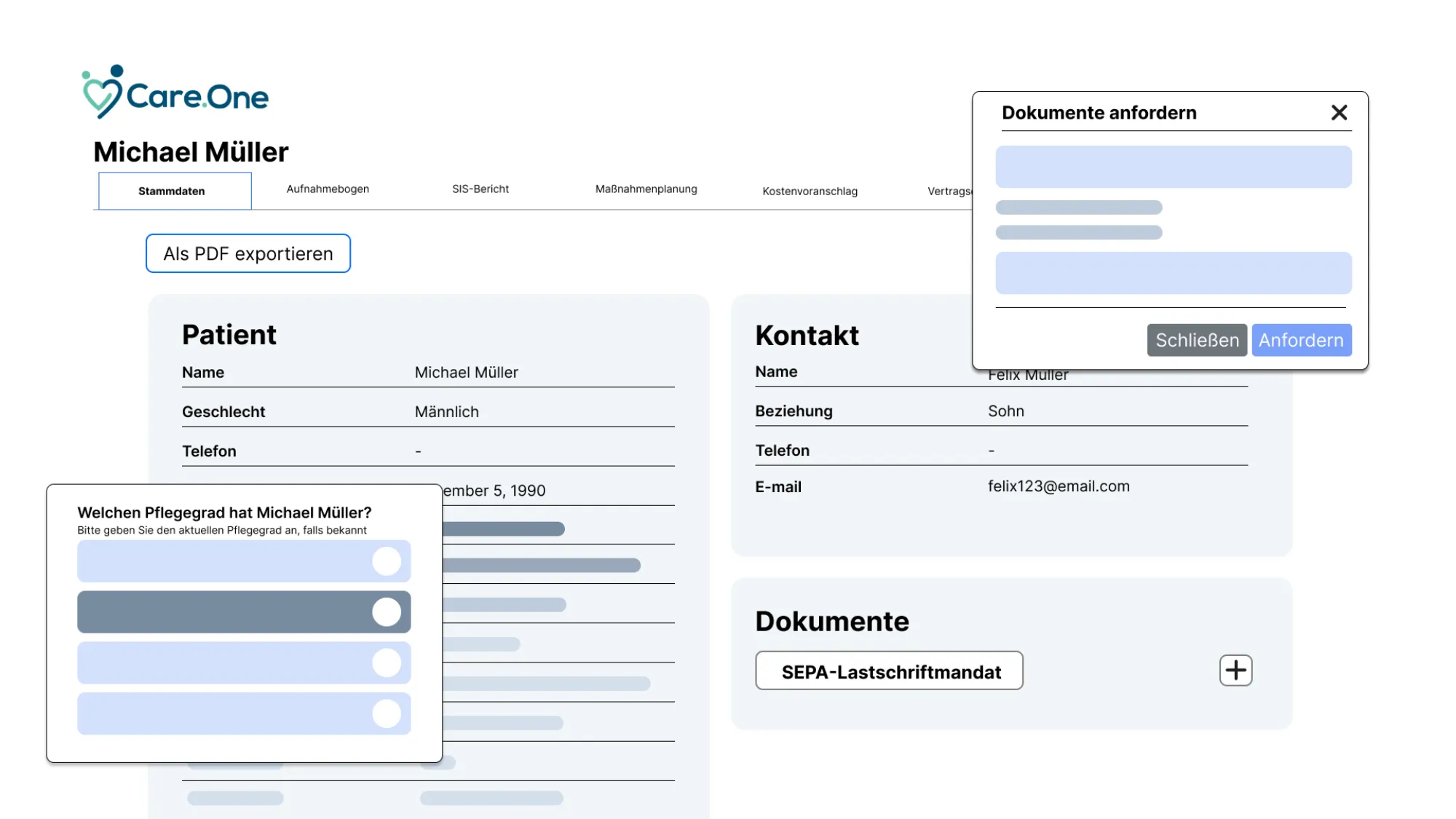 Care.One-Ansicht einer digitalen Aufnahmeanfrage mit Patientendaten, Kontakt und Dokumenten