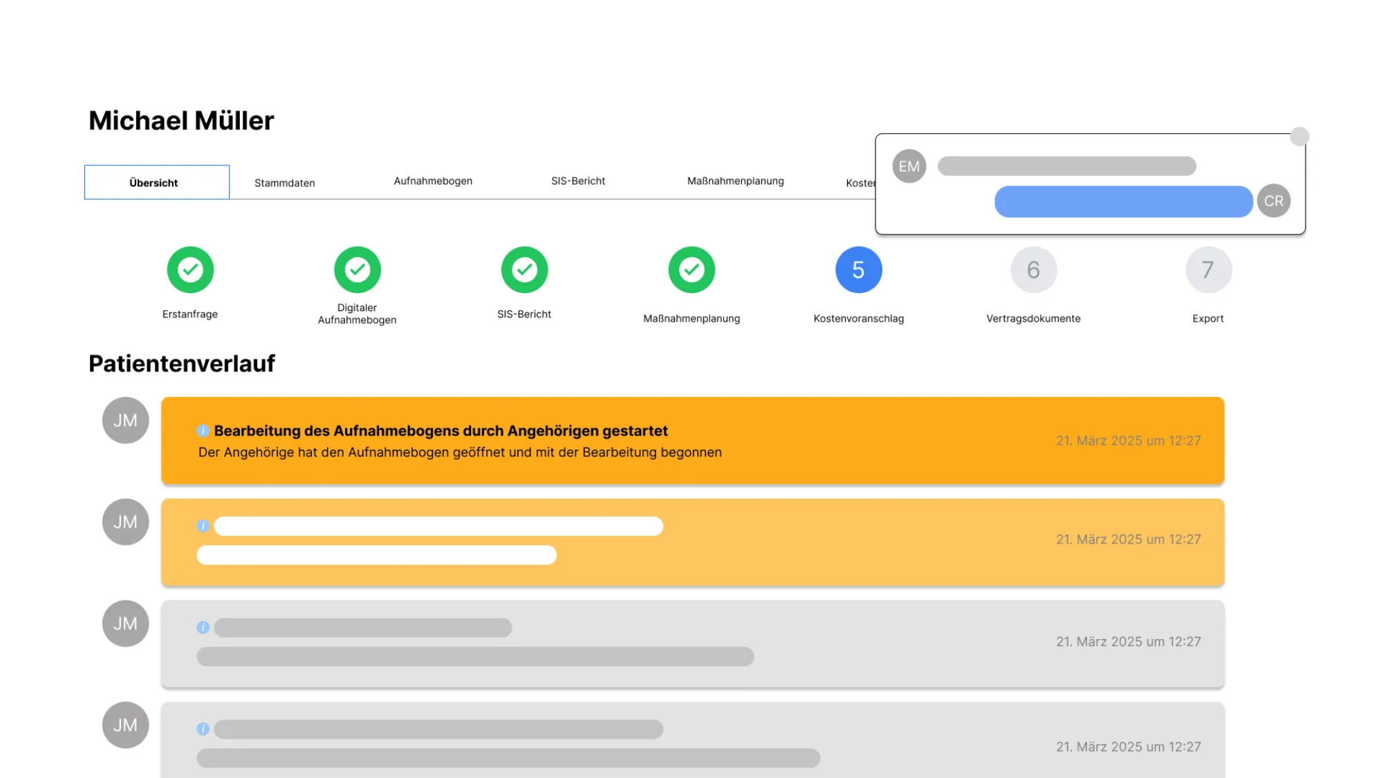 Care.One-Ansicht des Aufnahme-Workflows mit Statusschritten und Patientenverlauf