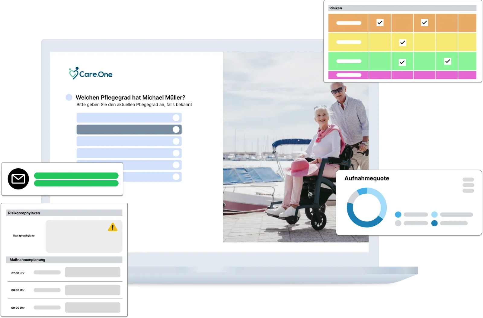 Care.One auf Laptop, Tablet und Smartphone: Aufnahmeanfrage, Patientenansicht und Auswertungen