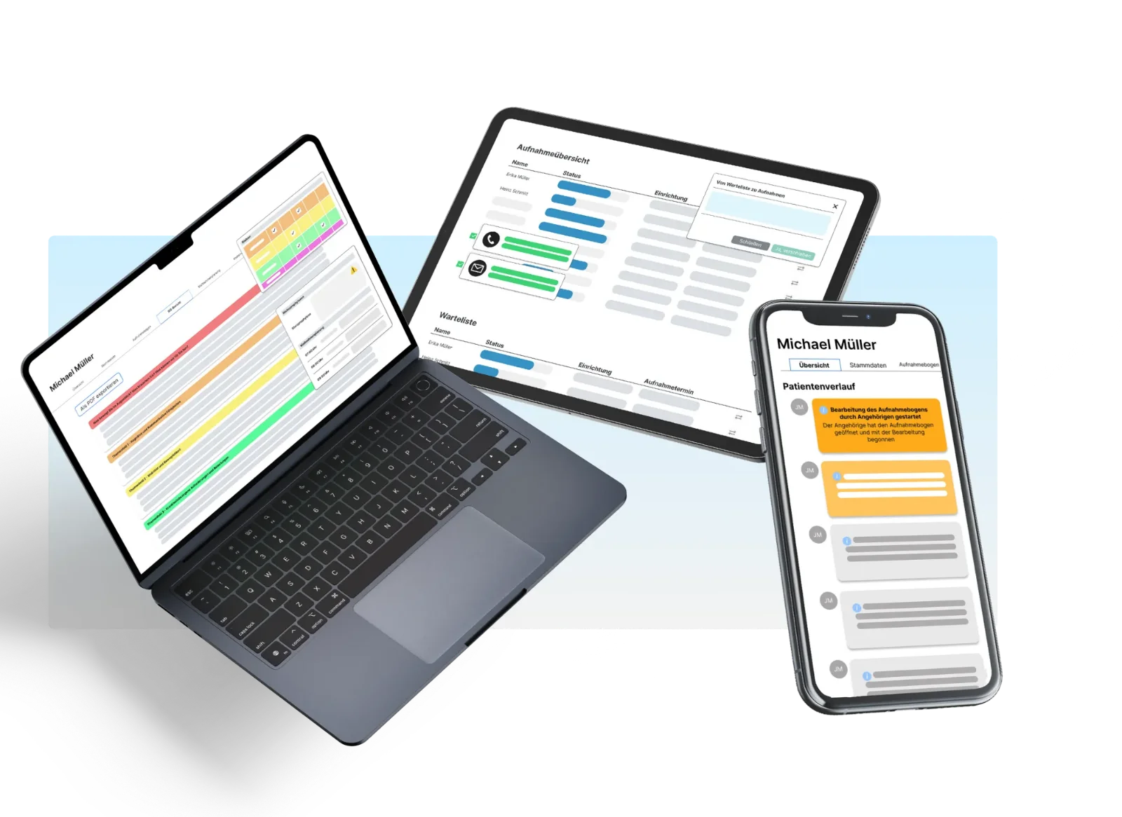 Care.One auf Laptop, Tablet und Smartphone mit Aufnahme-Workflow und Maßnahmenplanung